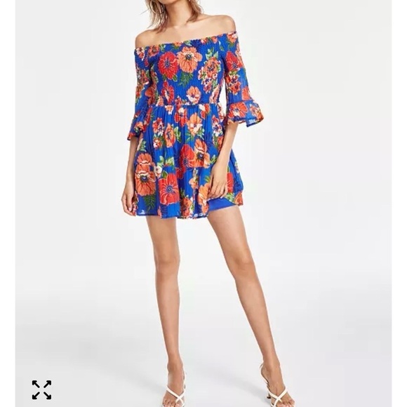 Guess Dresses & Skirts - Guess Blue Floral Off-Shoulder Dress with Orange Blooms